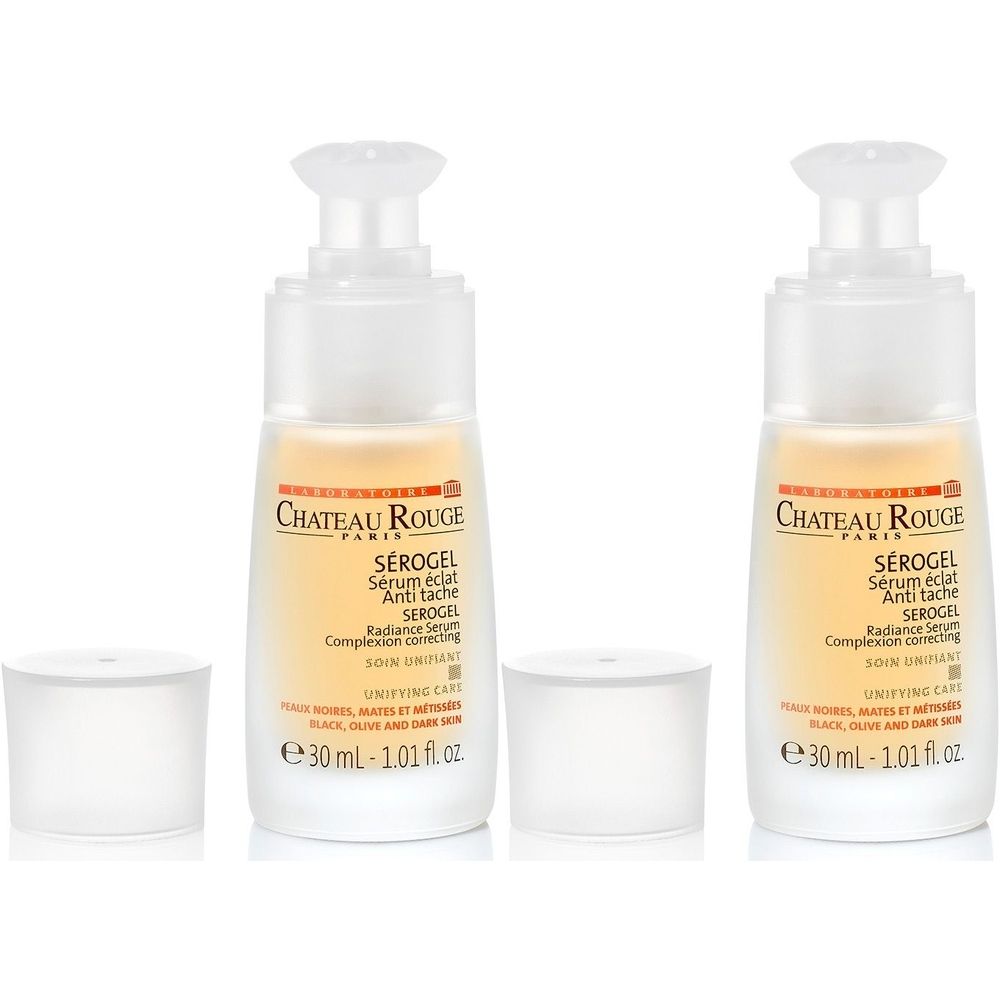 Deux flacons de sérum SEROGEL avec bouchons. Inscription: Château Rouge, Sérum éclat Anti tache, 30 ml.