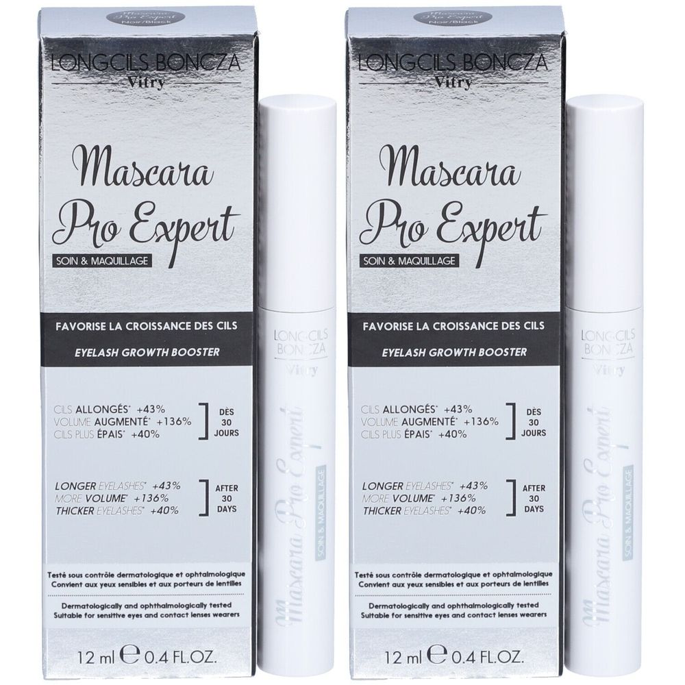 Deux boîtes et deux tubes de mascara. Sur les boîtes, on lit "Mascara Pro Expert" et "Vitry".