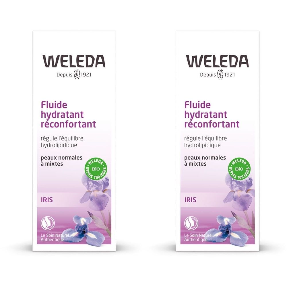 Zwei weiße Kartons. Aufschrift: WELEDA, Fluide hydratant réconfortant, Iris. Mit Bio-Siegel und Iris-Illustration.