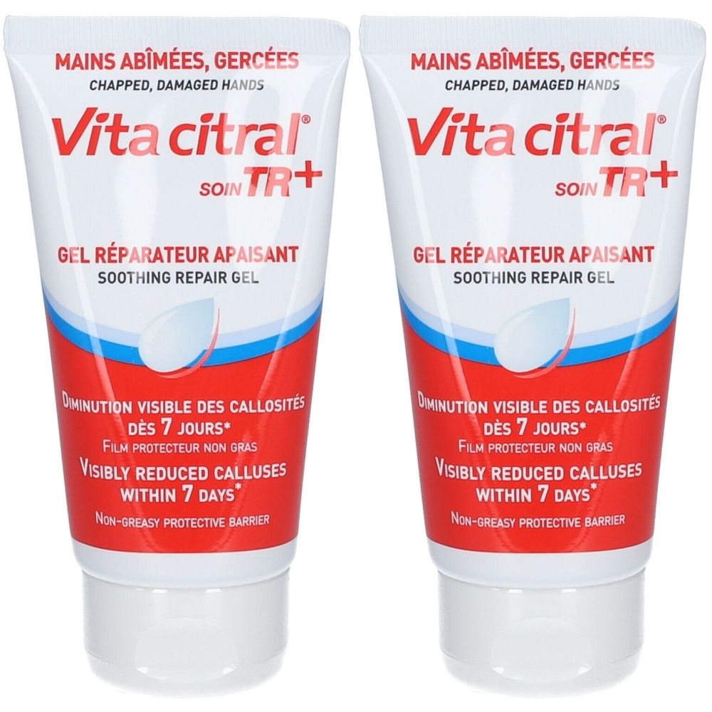 Deux tubes de Vita citral® Soin TR+. Tubes blancs avec texte rouge et bleu. Texte: Mains abîmées, gercées, Gel réparateur apaisant.