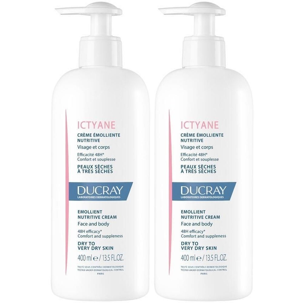 Deux flacons blancs avec pompe. Inscription: ICTYANE Crème émolliente nutritive, pour peaux sèches à très sèches. Marque: DUCRAY.