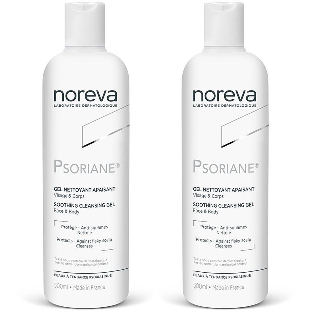 Deux flacons blancs "noreva". Sur chacun, "PSORIANE", "GEL NETTOYANT APAISANT" et "SOOTHING CLEANSING GEL" sont visibles. Contenance: 500ml.