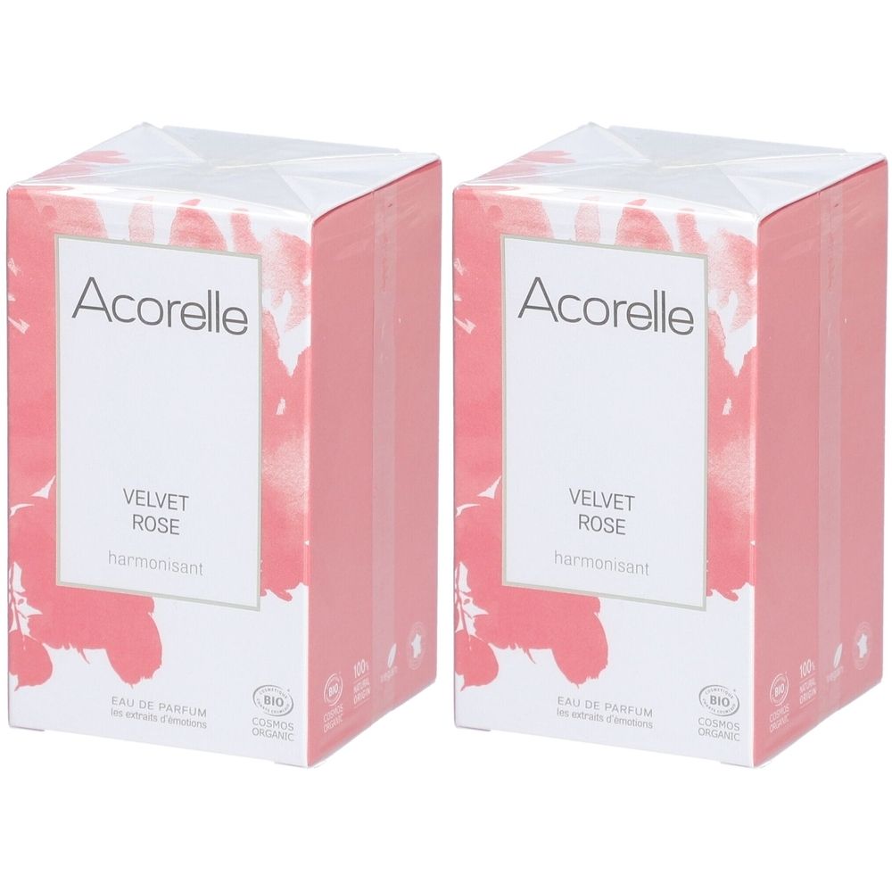 Zwei rechteckige Kartons mit rosa Farbverlauf. Auf der Vorderseite steht "Acorelle Velvet Rose". Bio-Zertifizierung.