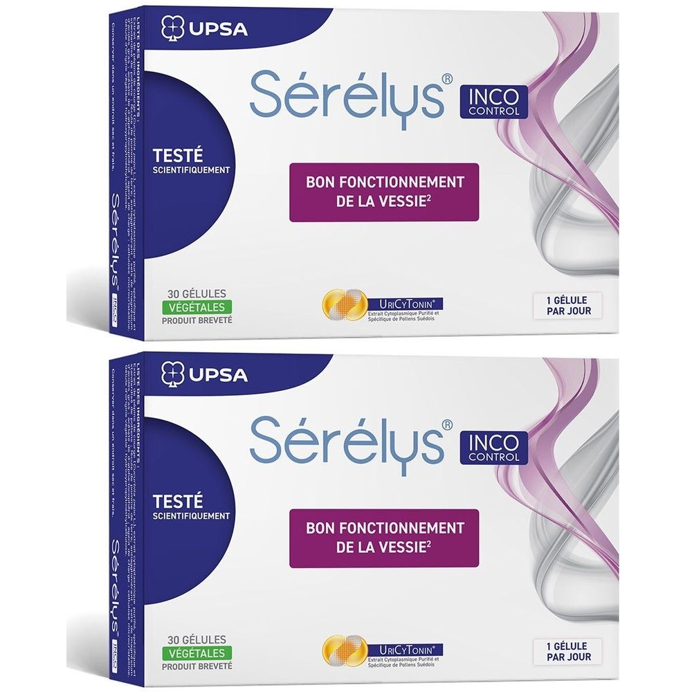Zwei Packungen Sérélys IncoControl. Aufschrift: Bon Fonctionnement de la Vessie. 30 pflanzliche Kapseln. Getestet wissenschaftlich.