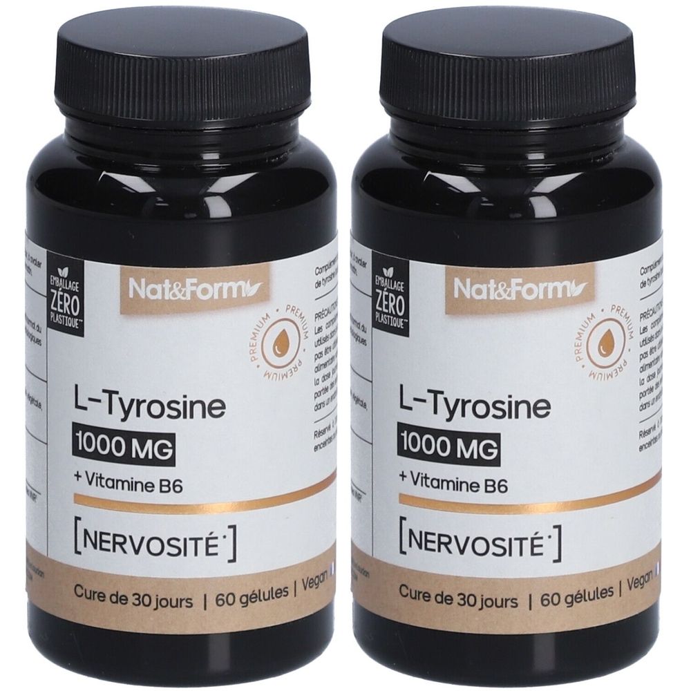 Zwei Flaschen Nat&Form L-Tyrosine. Schwarze Flaschen mit schwarzem Deckel. Aufschrift: L-Tyrosine 1000 MG + Vitamin B6. Gegen Nervosität.
