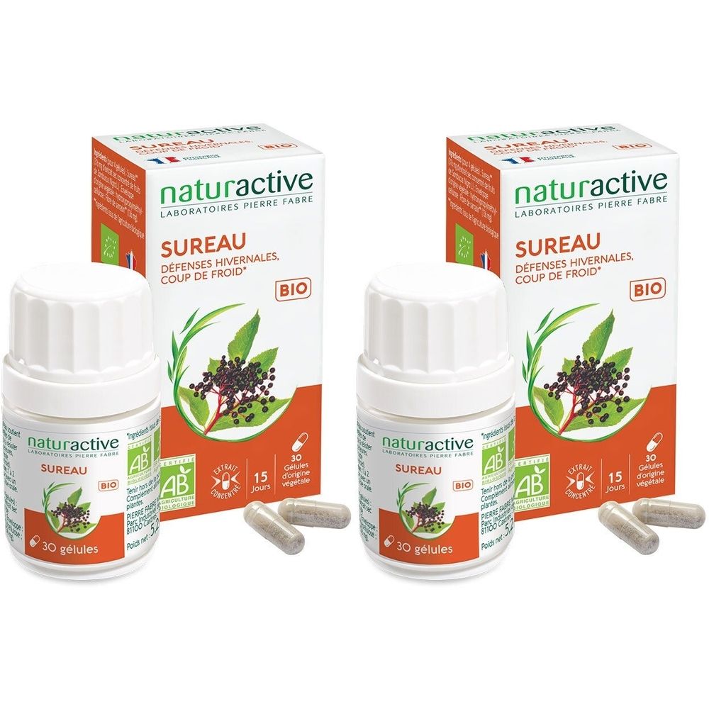 Deux flacons blancs et deux boîtes avec l'inscription "Sureau". Capsules à côté. Inscriptions : "Naturactive", "BIO".