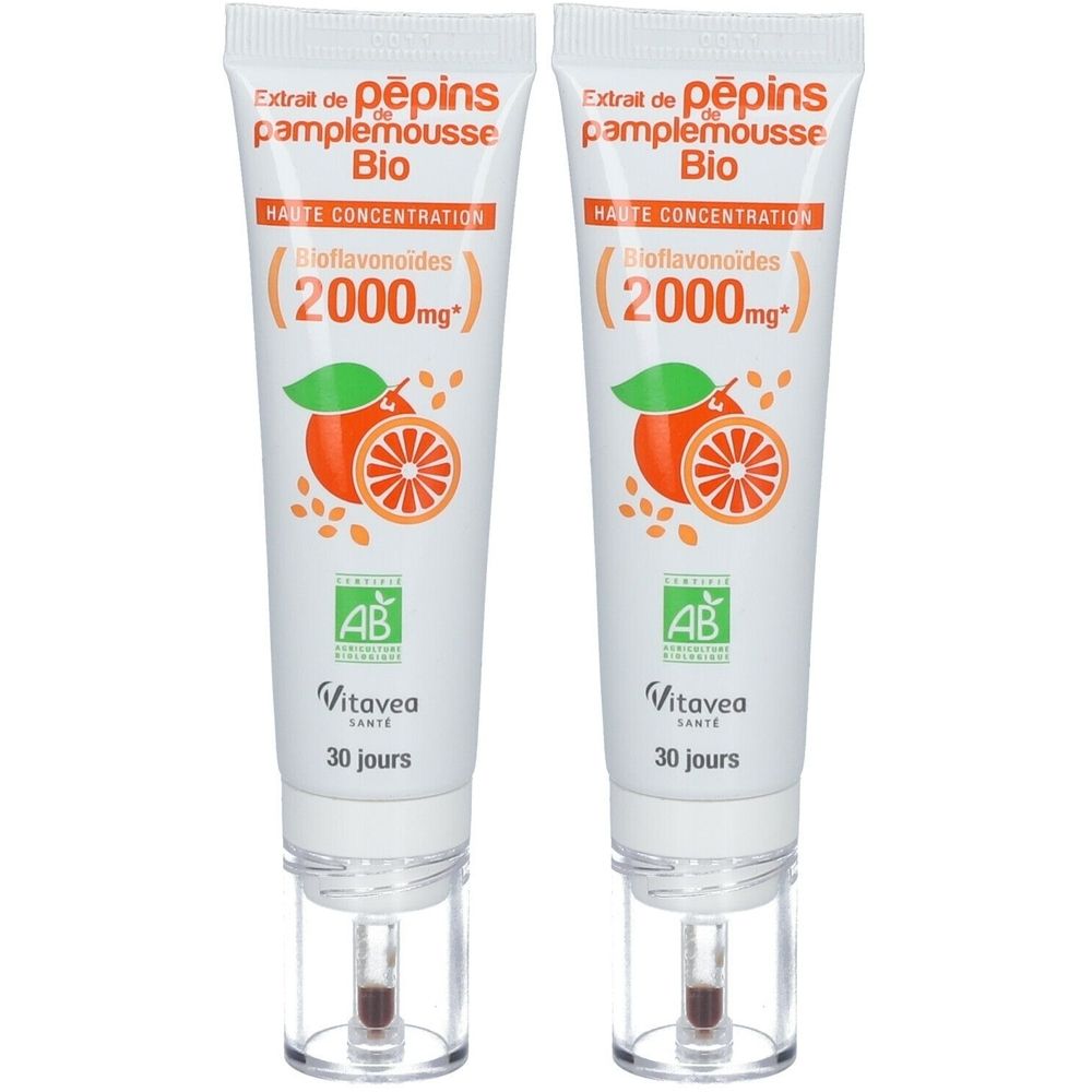 Zwei Tuben mit weißem Hintergrund. Aufdruck: Extrait de pépins pamplemousse Bio, Bioflavonoide (2000mg), AB-Siegel, Vitavea.