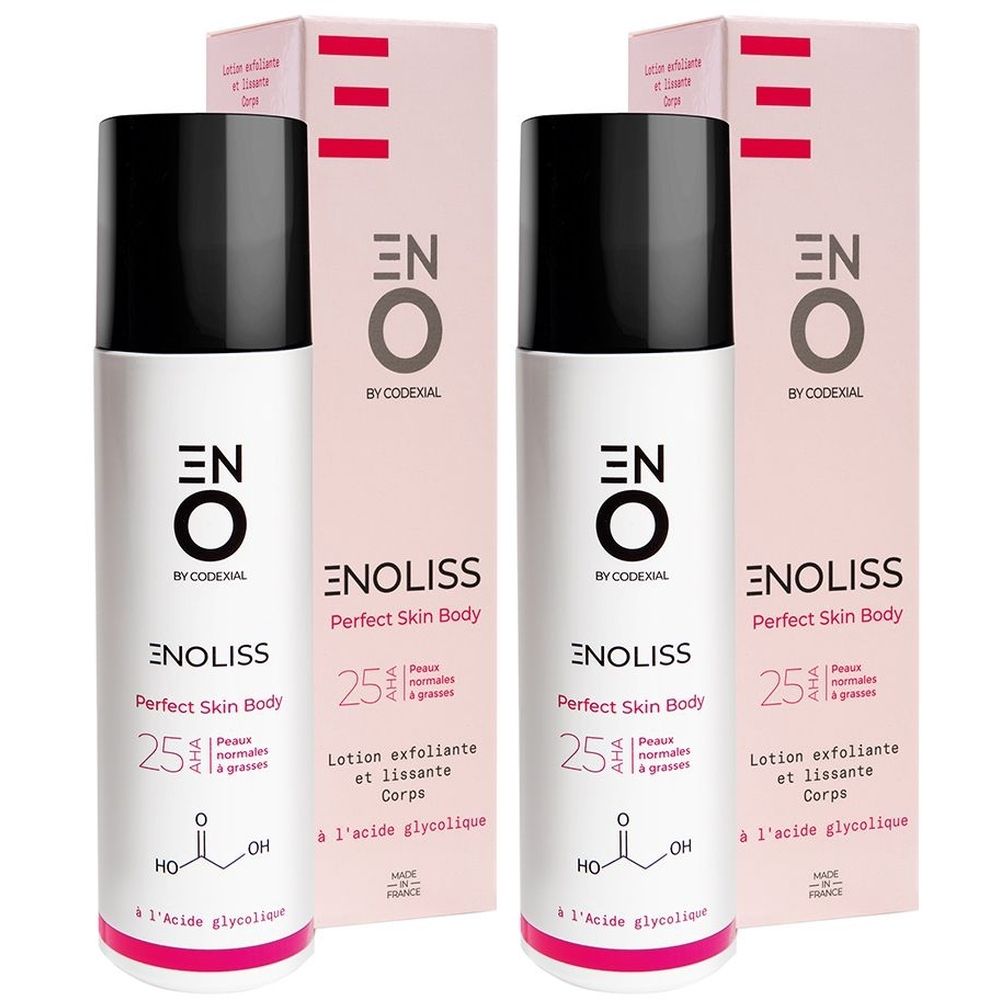 Deux flacons et emballages. Inscription: ENO Enoliss Perfect Skin Body, 25 AHA. Lotion exfoliante et lissante Corps. Bouchon noir, flacon blanc.