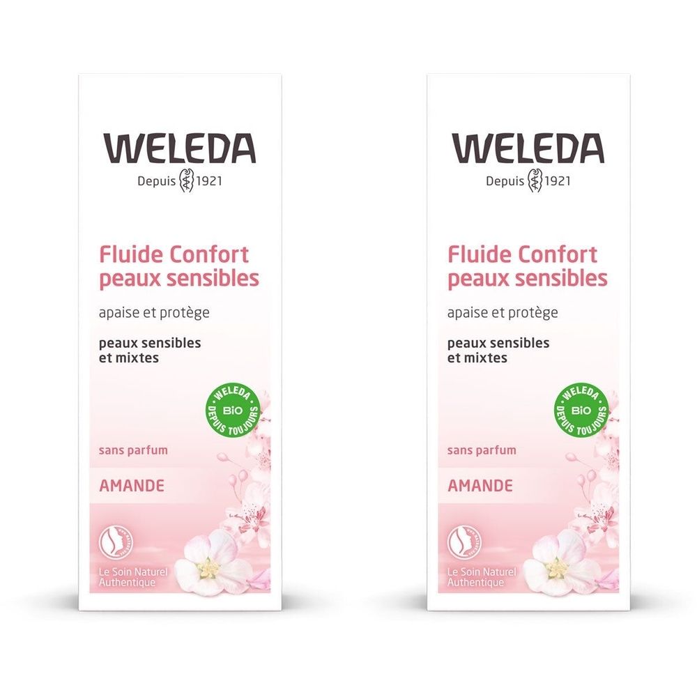 Deux flacons avec informations produit. Inscription: WELEDA, Fluide Confort peaux sensibles, AMANDE, label bio.