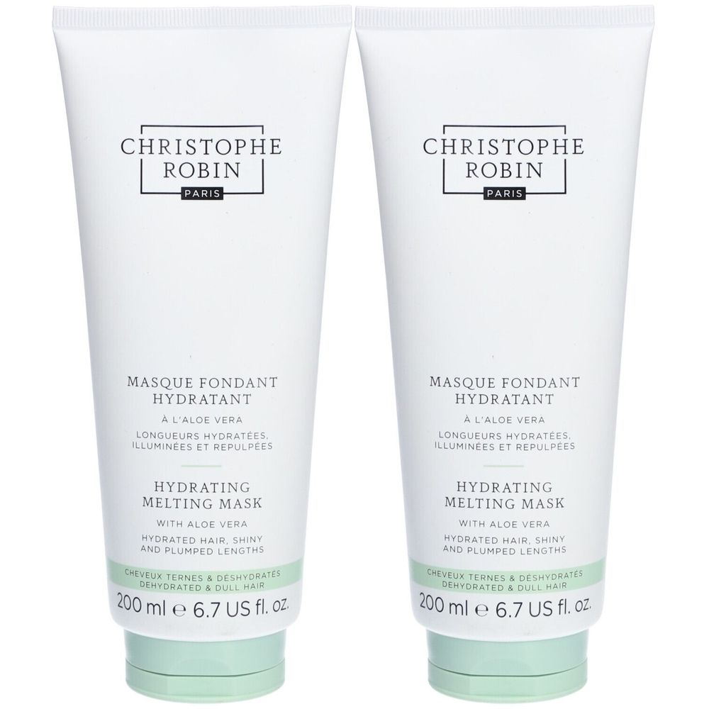 Zwei Tuben. Weiß, mit grünem Deckel. Aufschrift: Christophe Robin, Masque Fondant Hydratant, Hydrating Melting Mask.