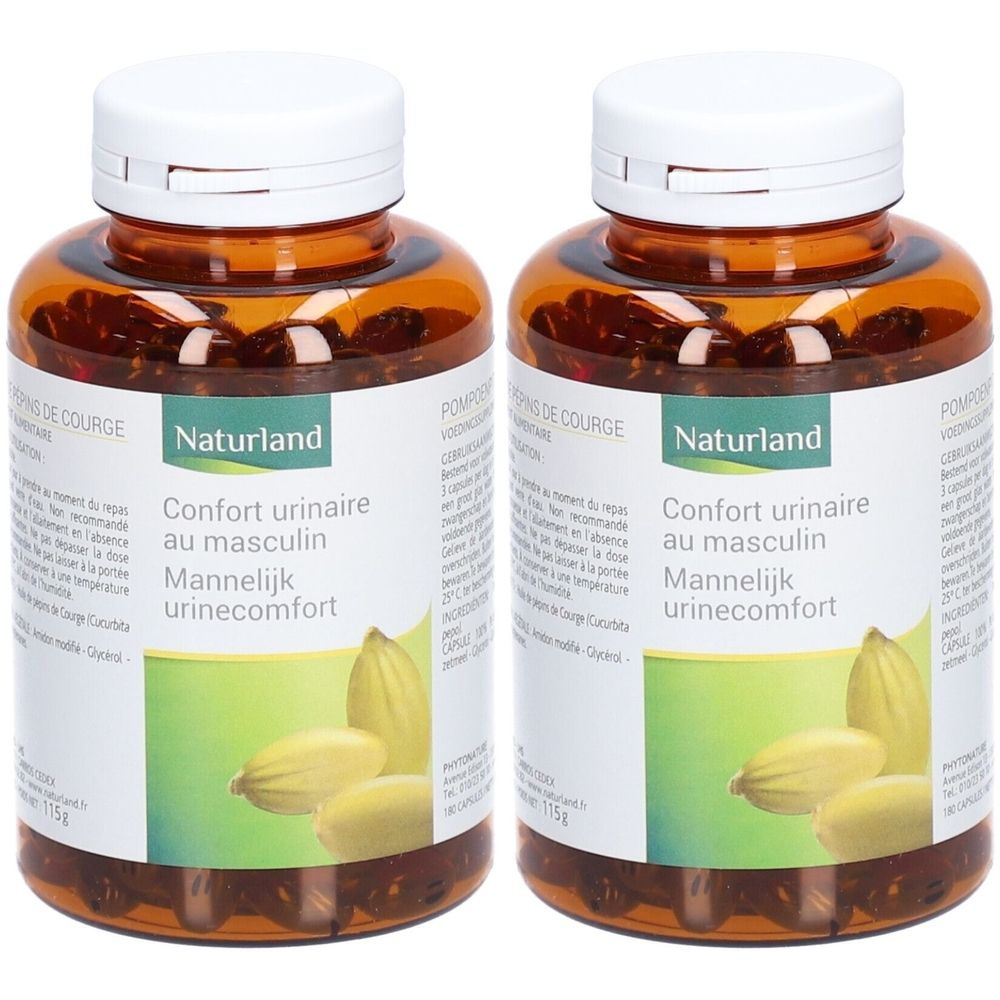 Zwei Flaschen mit braunen Kapseln. Auf dem Etikett steht Naturland, Confort urinaire au masculin, Mannelijk urinecomfort.