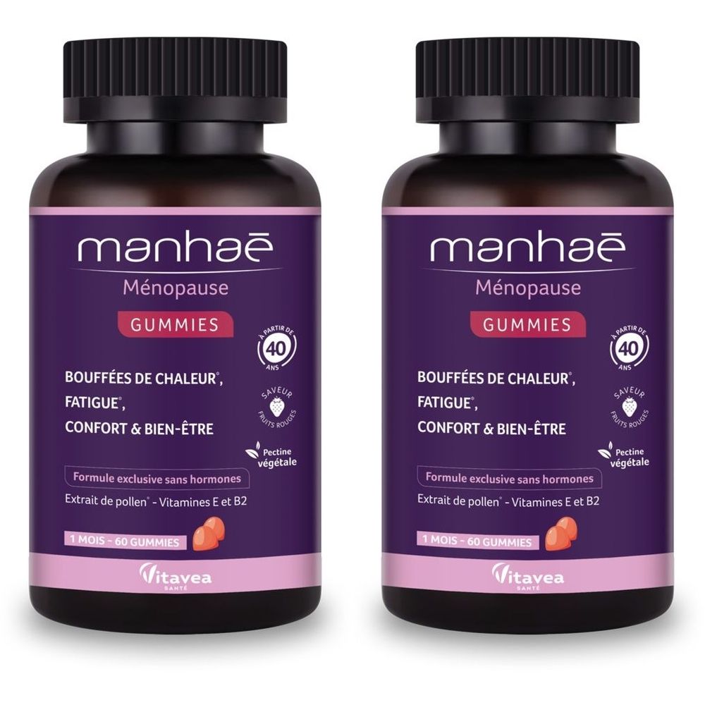 Deux flacons de MANHAE Ménopause Gummies. Étiquette violette avec texte blanc. Contient 60 gummies. Inscription : Bouffées de chaleur, fatigue, confort & bien-être.