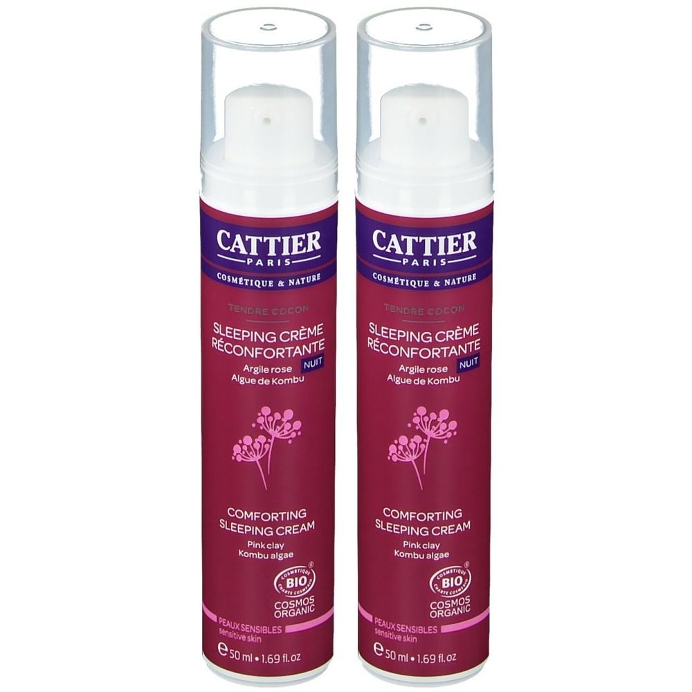 Zwei Flaschen CATTIER Sleeping Crème. Aufschrift: Sleeping Crème Réconfortante, Argile rose, Algue de Kombu. Mit Deckel und Pumpe.