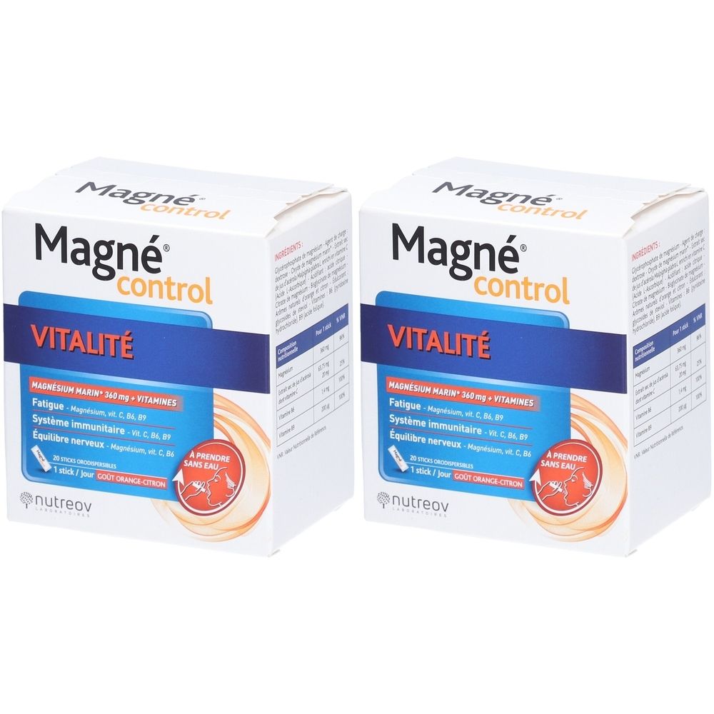 Zwei Kartons mit der Aufschrift "Magné control Vitalité". Blaue und orangefarbene Akzente. Text: Magnesium Marin und Vitamine.