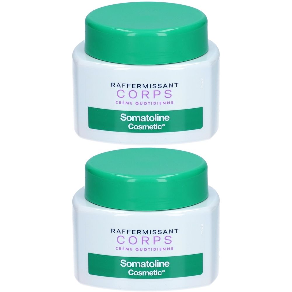 Zwei Tiegel Somatoline Cosmetic Crème Raffermissante - Corps. Weiße Tiegel mit grünem Deckel. Produktbezeichnung sichtbar.