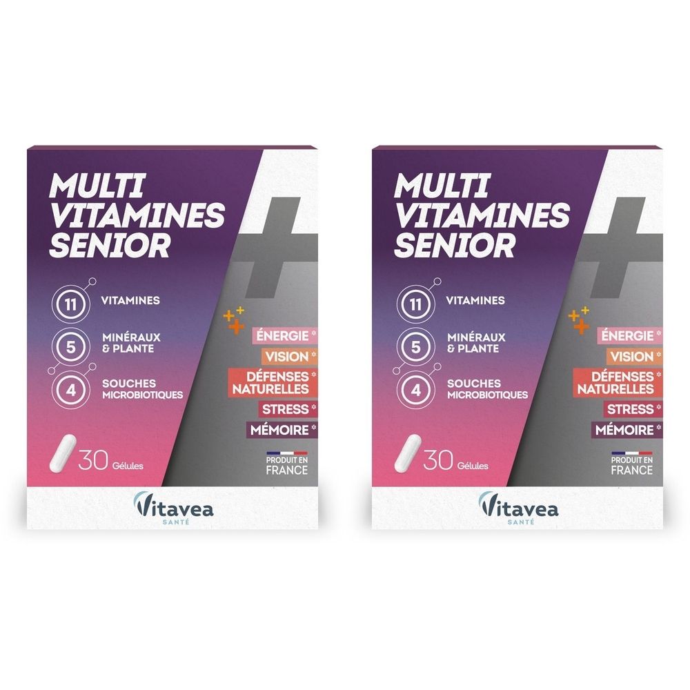 Deux boîtes de Nutrisanté Multivitamines Senior. Contient 11 vitamines, 5 minéraux & plantes, 4 souches microbiotiques. Marque Vitavea.