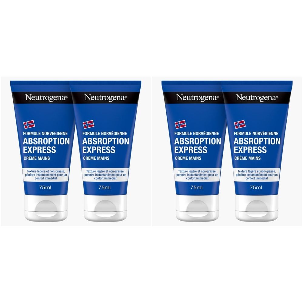 Plusieurs tubes de crème pour les mains. Emballage bleu avec texte blanc. Inscription : Neutrogena, Formule Norvegienne, Absorption Express, Crème Mains. 75ml.