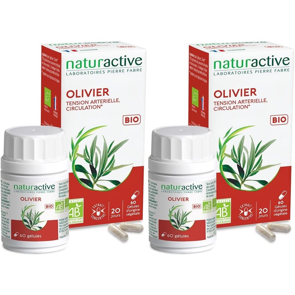 Deux boîtes et flacons de compléments alimentaires. Inscription : Naturactive Olivier BIO. Capsules et label AB bio visibles.