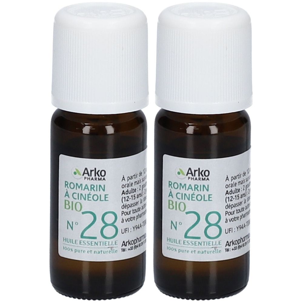 Deux flacons en verre brun avec bouchons blancs. Étiquettes avec texte: ROMARIN À CINÉOLE BIO N°28. Marque: Arko Pharma. Huile essentielle.