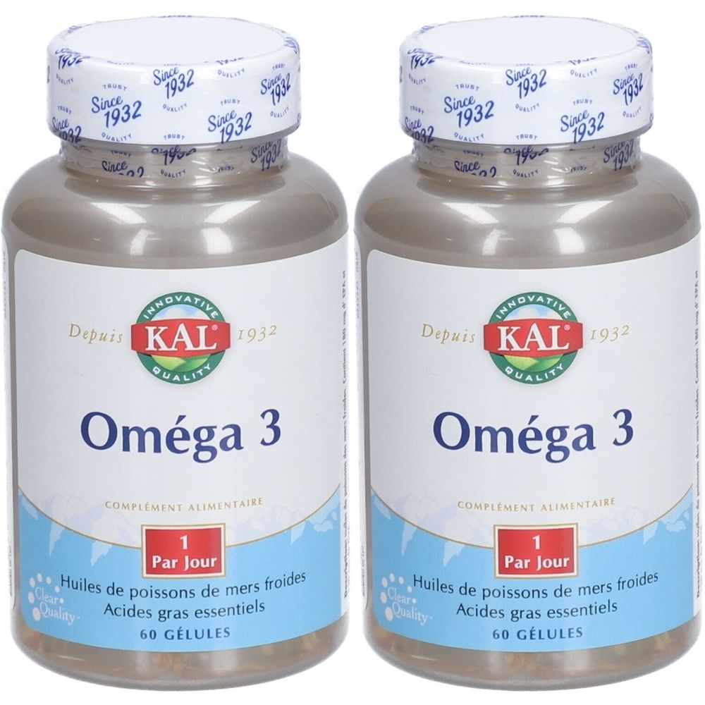 Deux flacons de gélules Oméga 3. Inscription : KAL, Oméga 3, 60 Gélules. Bouchons blancs avec "Since 1932".