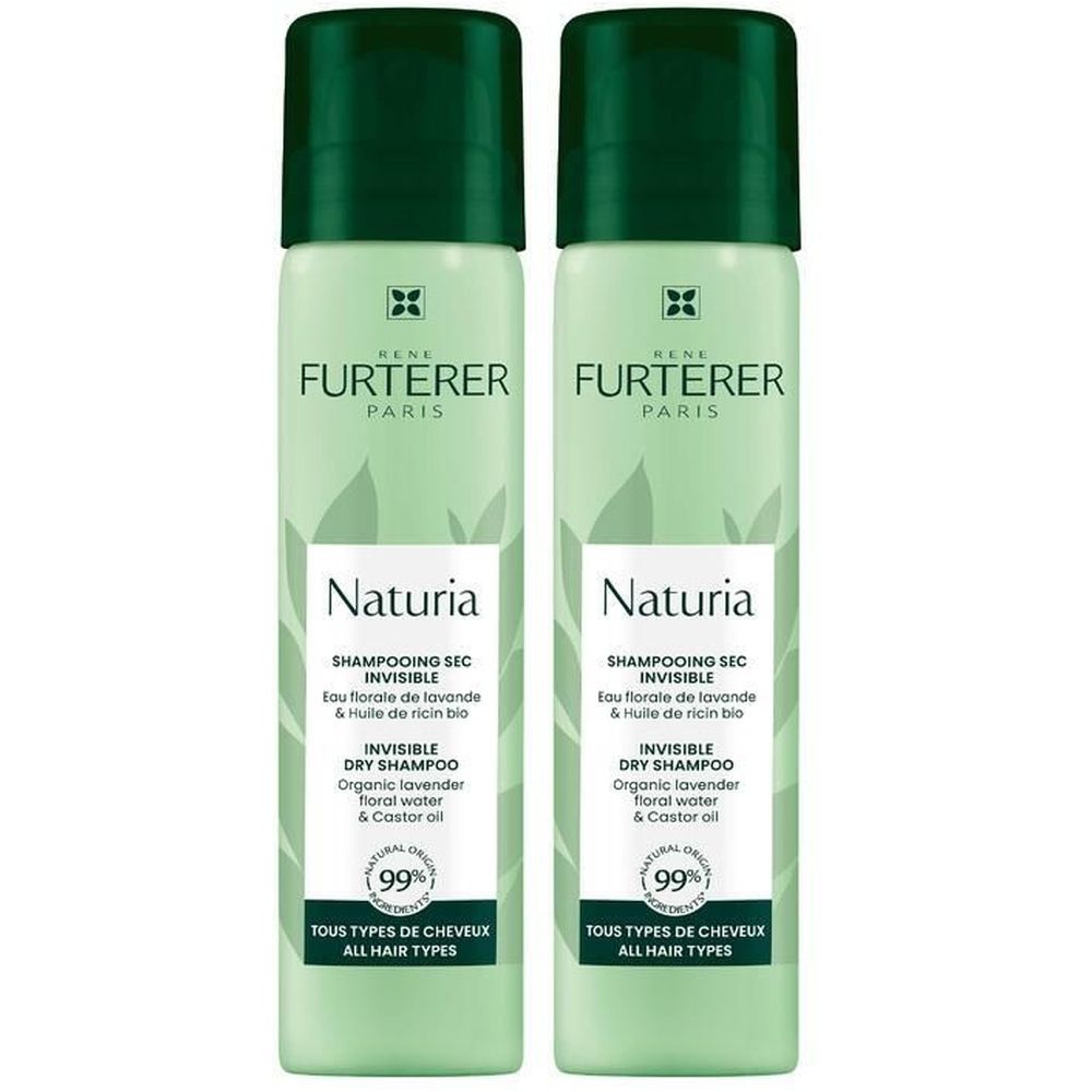 Zwei Sprays von René Furterer Naturia Invisible Trockenshampoo. Grün-weiße Flaschen mit dunkelgrünen Deckeln. Text: Naturia, Trockenshampoo, 99% natürliche Inhaltsstoffe.