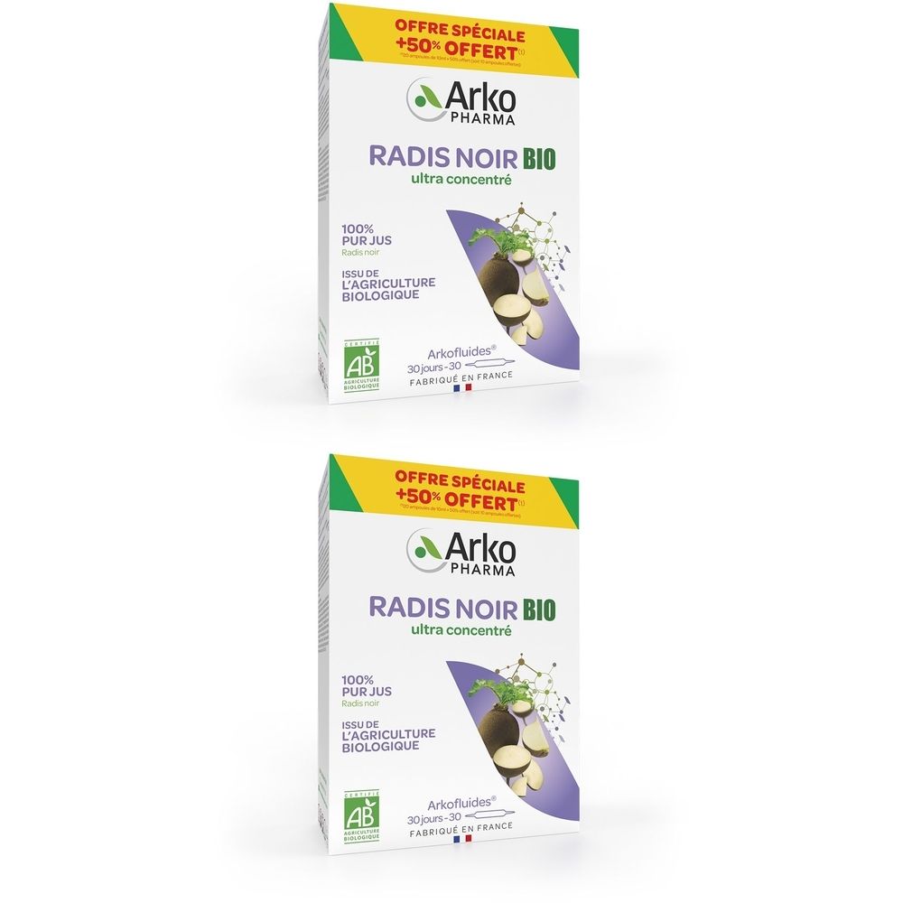 Deux boîtes Arkopharma Radis Noir BIO. Inscription : BIO, ultra concentré, 100% pur jus, label AB. Accents jaune-vert et violets.