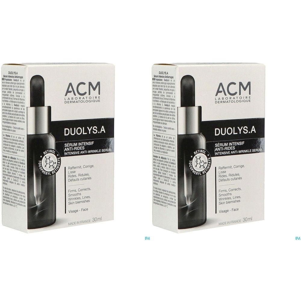 Deux boîtes de sérum. Inscription : ACM, DUOLYS.A, Sérum Intensif Anti-Rides. Flacon avec pipette.
