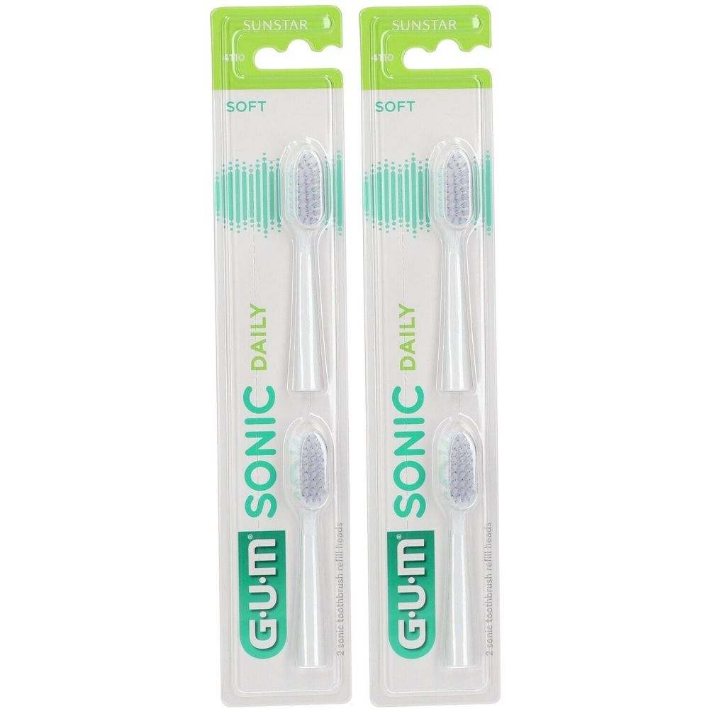 Deux paquets de têtes de brosse de rechange GUM SONIC DAILY blanches. Emballage avec crochet vert et informations produit.