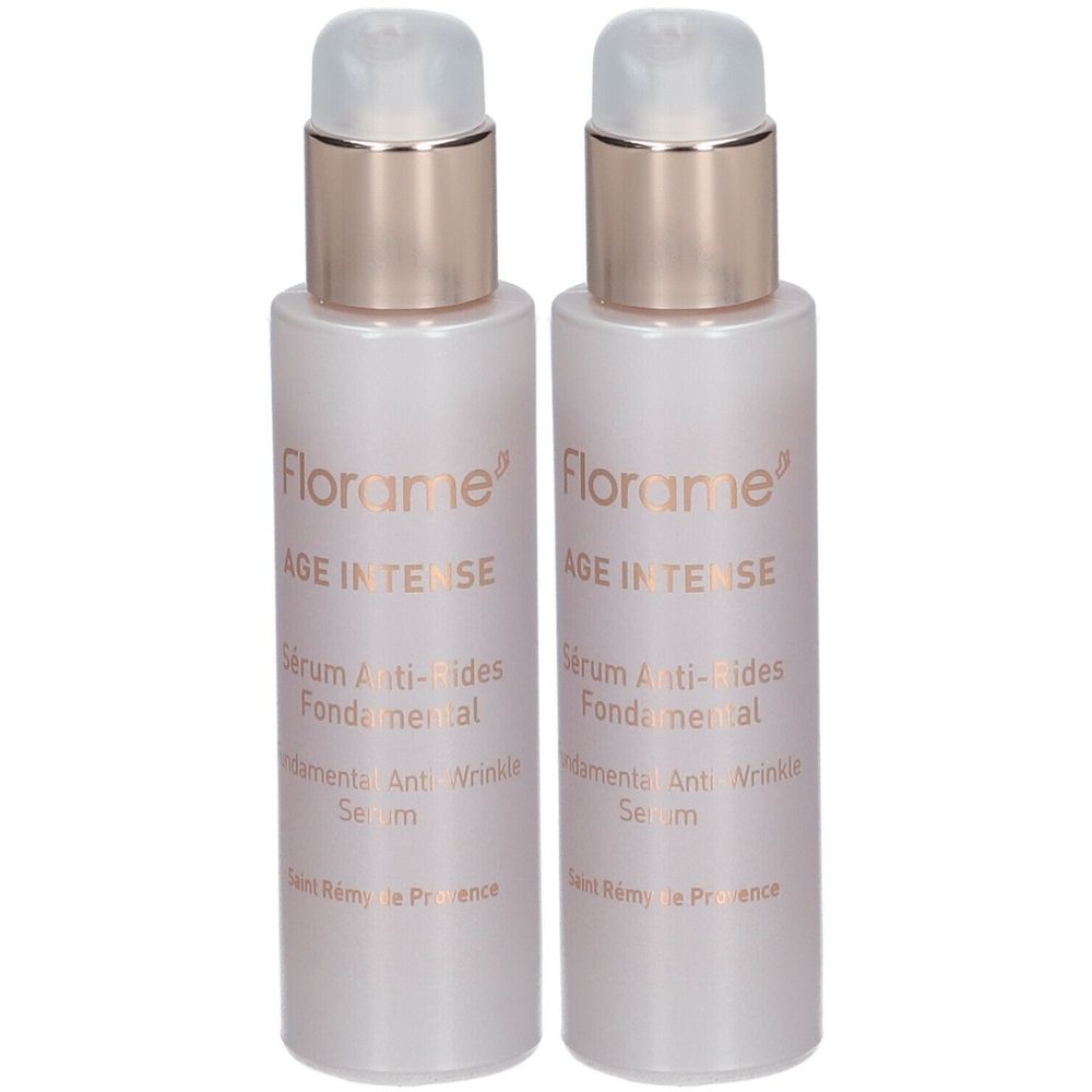 Zwei Flakons mit Serum. Aufschrift: Florame AGE INTENSE Sérum Anti-Rides Fondamental. Mit Dosierkopf und goldfarbenem Ring.