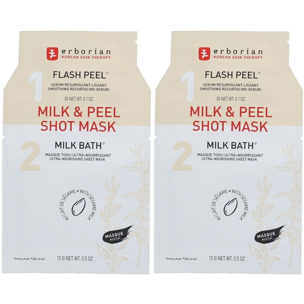 Deux sachets de masque facial Erborian Milk & Peel Shot. Inscriptions "Flash Peel" et "Milk Bath".