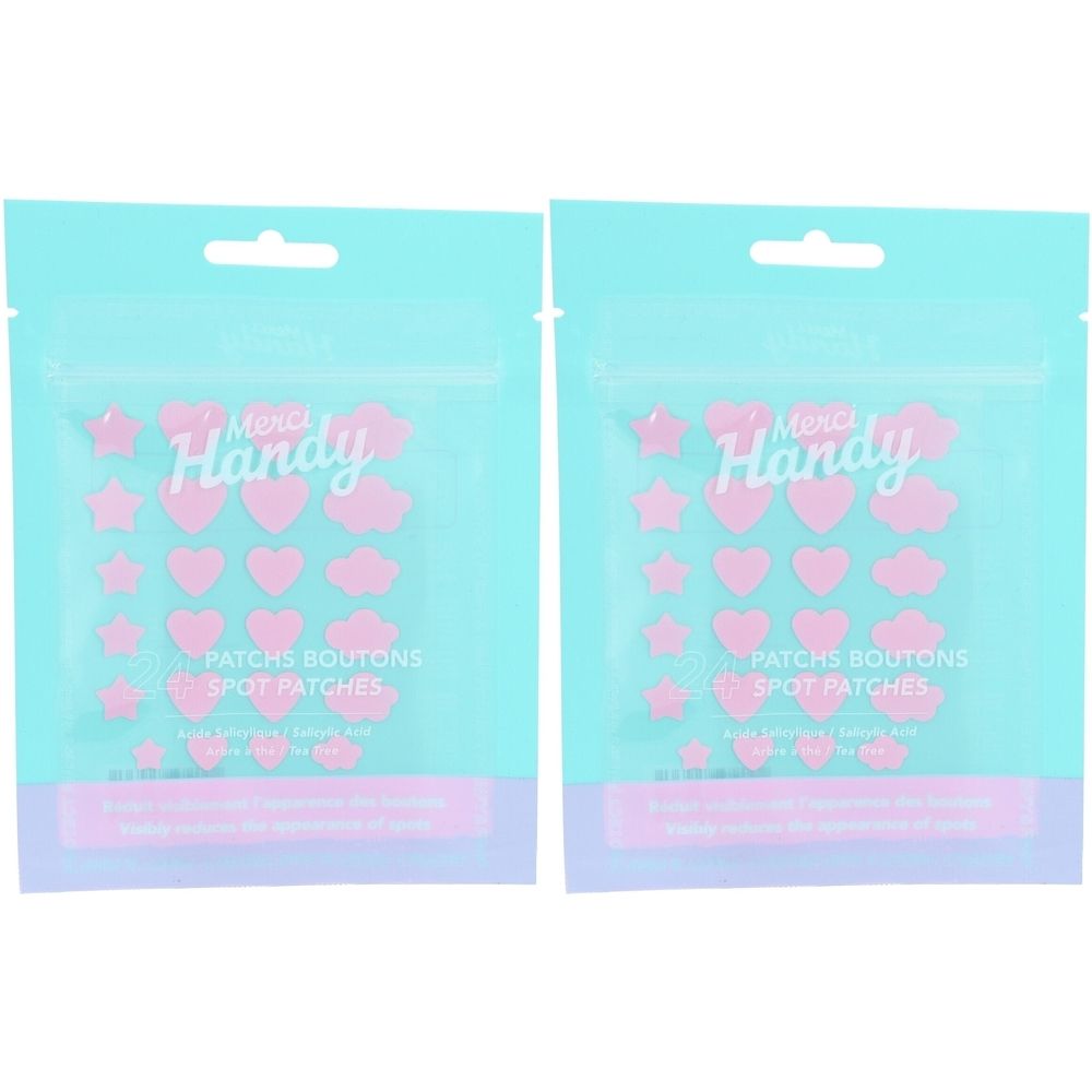 Zwei Packungen mit rosafarbenen Flecken in Herz-, Stern- und Wolkenform. Aufschrift: Merci Handy, Patchs Boutons, Spot Patches.