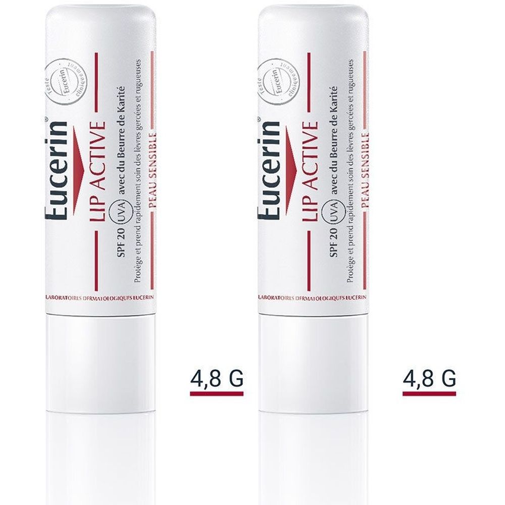 Zwei Lippenpflegestifte. Weiß, mit roter Schrift. Aufschrift: Eucerin, LIP ACTIVE SPF 20, mit Sheabutter. 4,8 g.