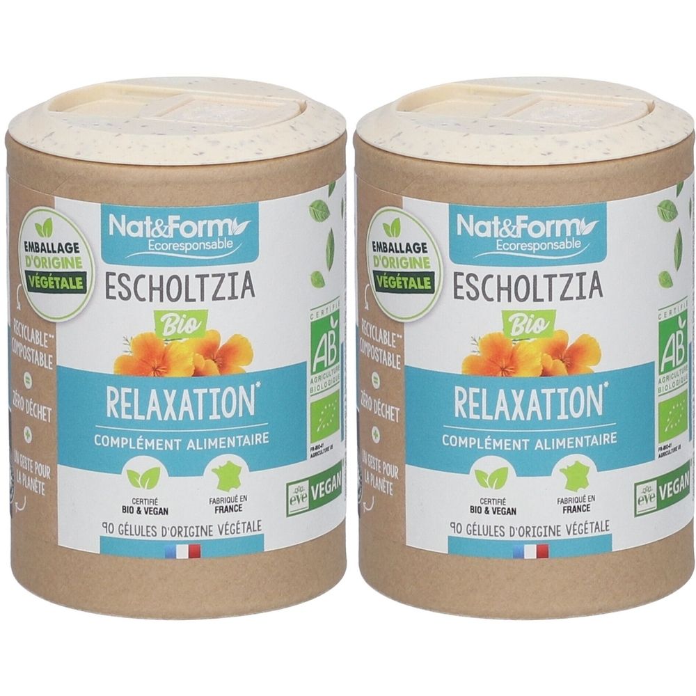 Deux boîtes cylindriques avec couvercles. Inscription : Nat & Form Escholtzia Bio, complément alimentaire Relaxation. Certification AB, vegan.