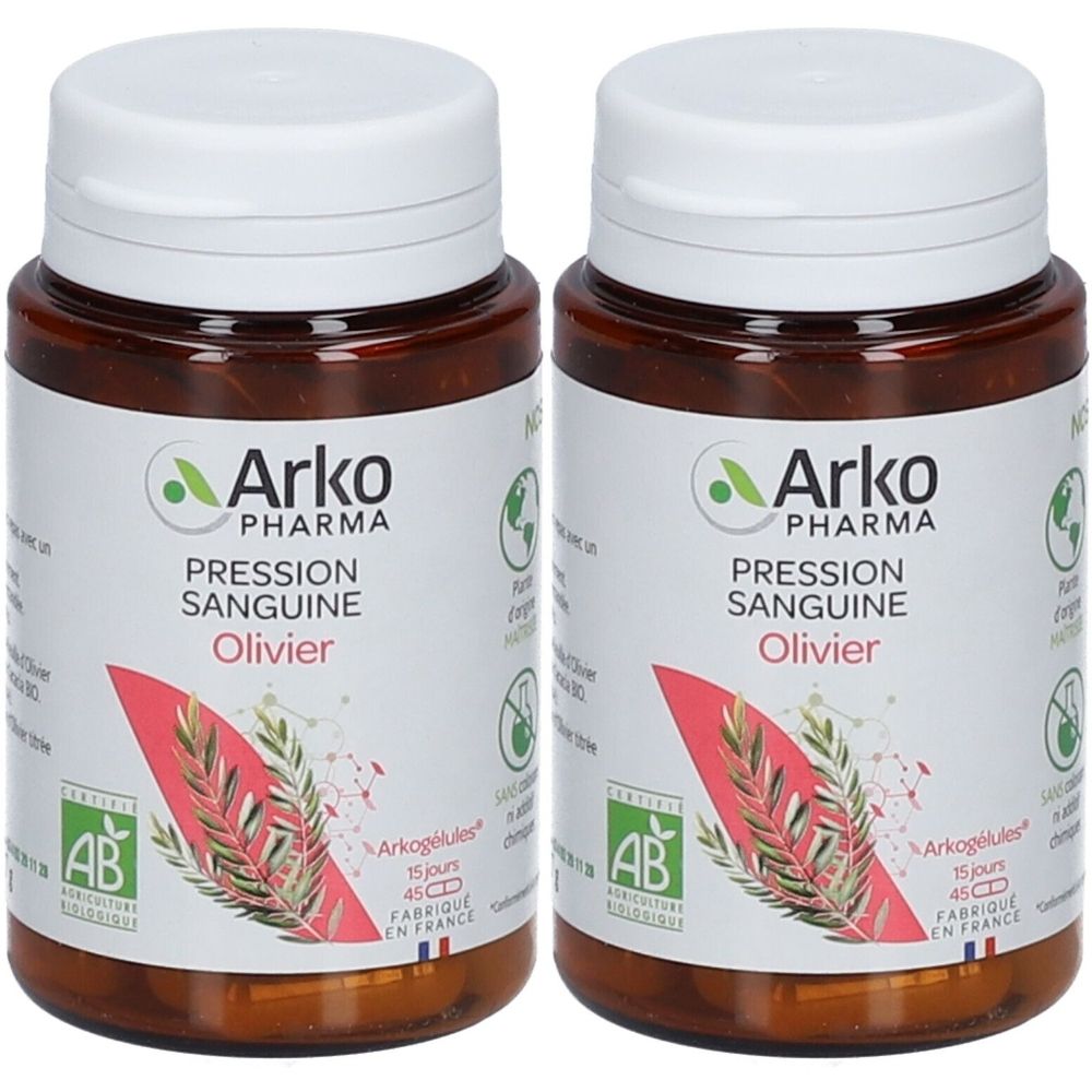 Zwei braune Flaschen mit weißen Deckeln. Auf den Etiketten steht "Arko Pharma", "Pression Sanguine Olivier" und ein Bio-Siegel.