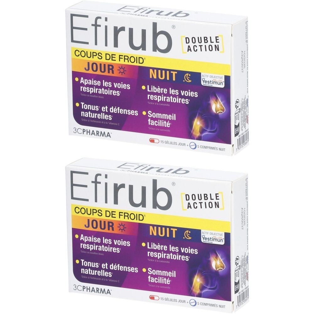 Zwei Schachteln Efirub, Doppelwirkung. Aufschrift: Coups de Froid, Jour, Nuit. 3C Pharma Logo. Produkt zur Linderung von Erkältungssymptomen.