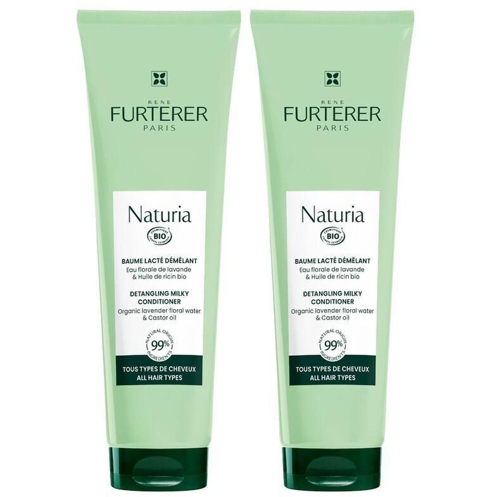 Zwei grüne Tuben. Auf jeder steht: RENE FURTERER PARIS, Naturia BIO, BAUME LACTE DÉMÊLANT, DETANGLING MILKY CONDITIONER, 99%, Tous types de cheveux.