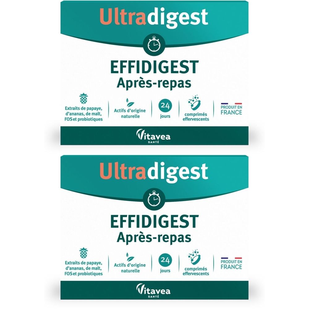 Zwei Packungen Ultradigest EFFIDIGEST Après-repas. Aufschrift: Extraits de papaye, d'ananas, de malt, FOS et probiotiques, Actifs d'origine naturelle.