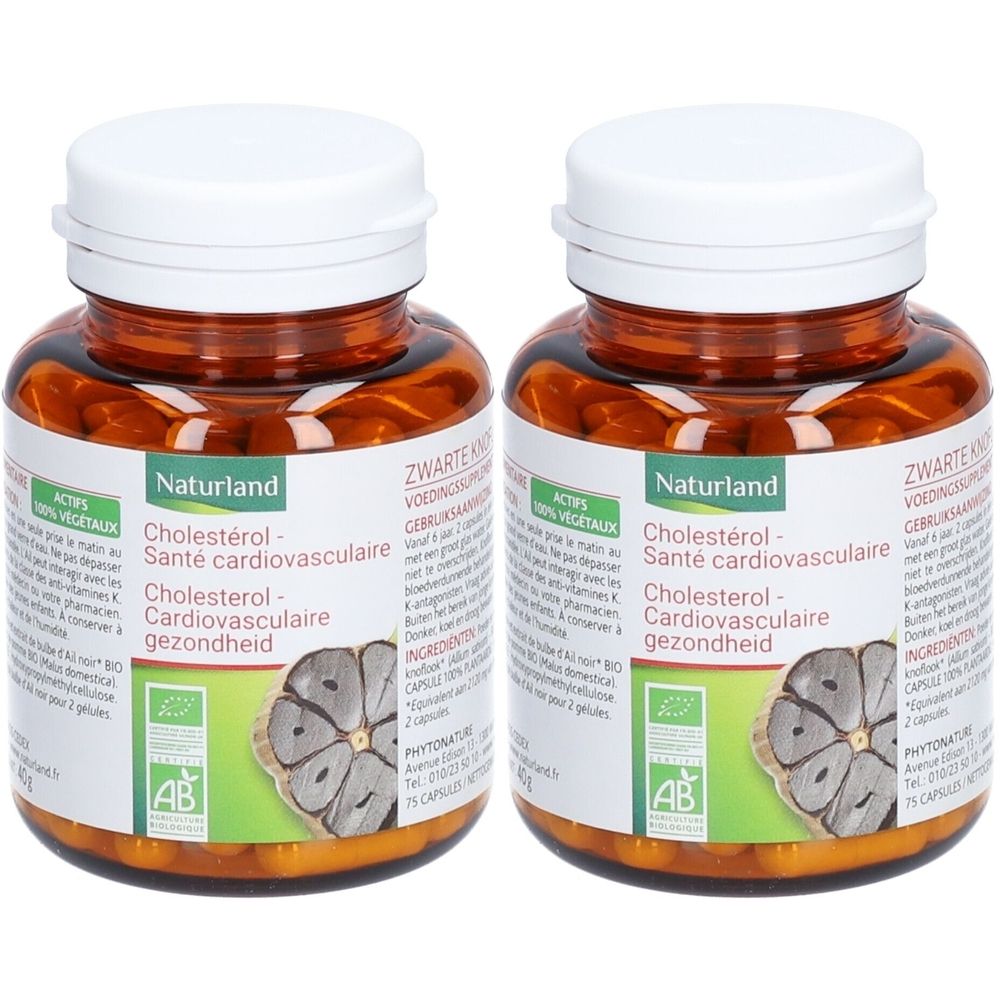 Deux flacons bruns avec des couvercles blancs. Étiquettes Naturland, informations sur le cholestérol. Label AB bio.