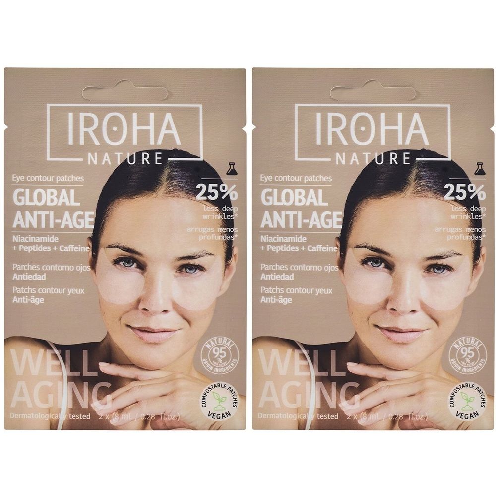 Deux paquets de patchs pour les yeux. Inscription : IROHA NATURE, GLOBAL ANTI-AGE, Niacinamide, Peptides, Caféine. Label végan.
