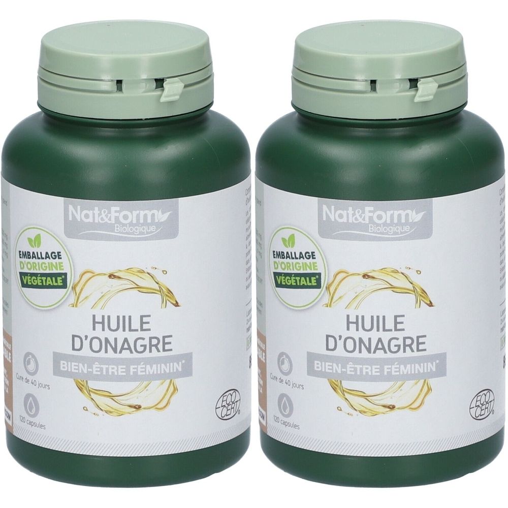 Deux flacons verts avec étiquette blanche. Inscription: Nat&Form, Huile d'Onagre, Bien-être féminin. Bouchons vert clair.
