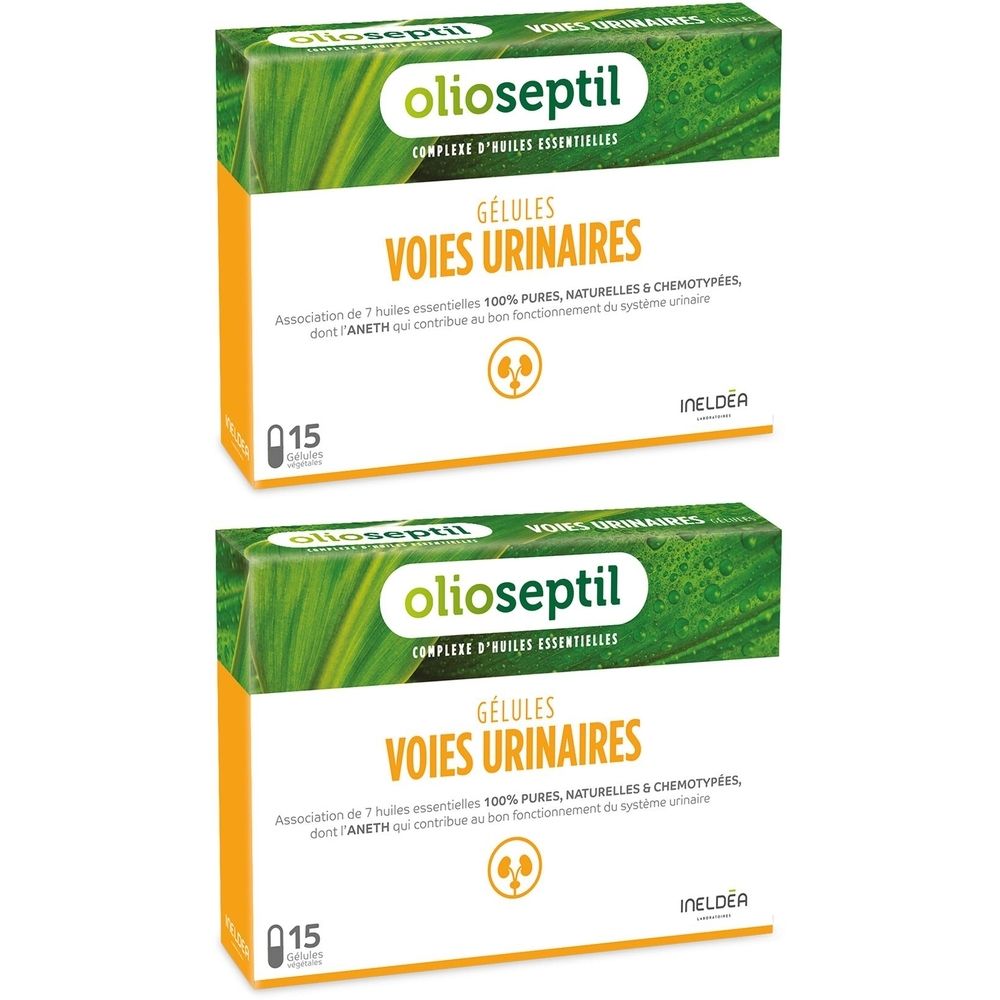 Zwei Schachteln mit Kapseln. Aufschrift: olioseptil, Gélules Voies Urinaires. 15 Kapseln pro Schachtel.