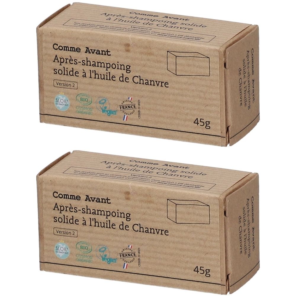 Zwei Kartons Après-shampoing solide à l'huile de Chanvre. Aufschrift: Comme Avant, Version 2, 45g. Mit Bio- und Vegan-Siegeln.