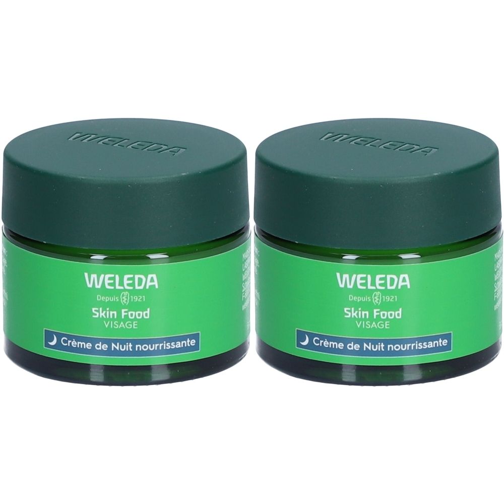 Deux pots verts avec couvercles. Les étiquettes indiquent "WELEDA Skin Food VISAGE Crème de Nuit nourrissante".