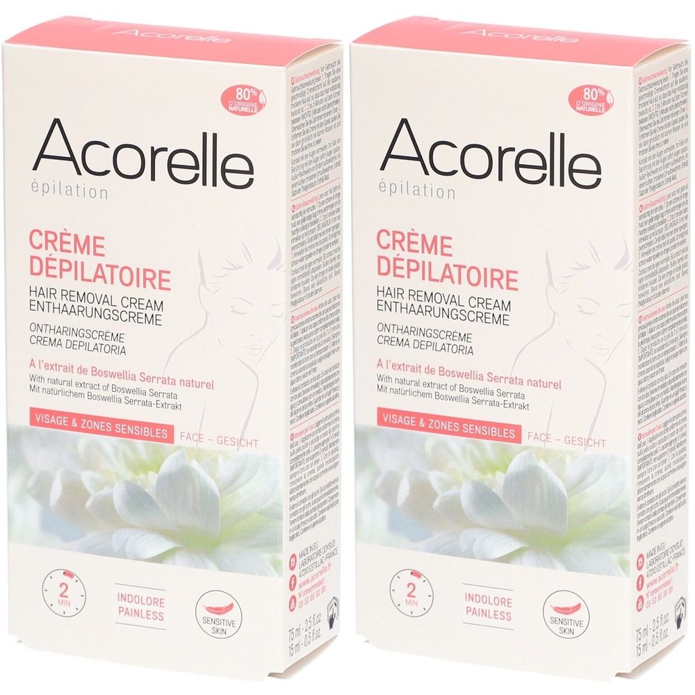Deux boîtes Acorelle Crème Dépilatoire. Inscriptions en français, allemand, néerlandais et italien. Pour visage et zones sensibles.