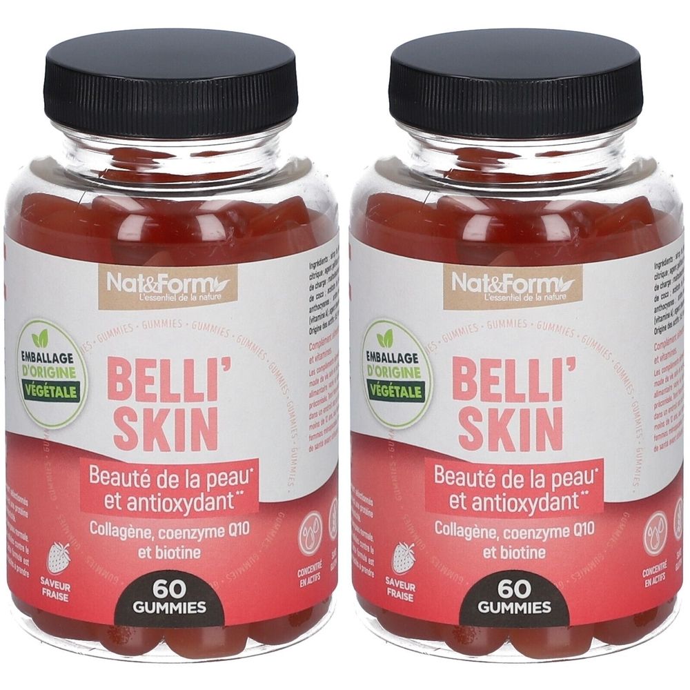 Zwei Flaschen mit Gummibärchen. Aufschrift: Belli'Skin, 60 Gummies. Enthält Kollagen, Coenzym Q10 und Biotin. Verpackung aus pflanzlicher Herkunft.