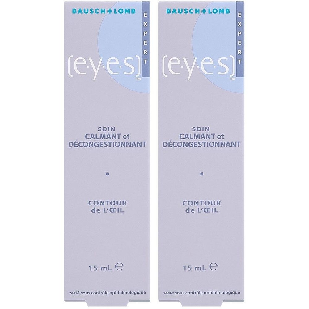 Deux étuis de soin pour les yeux. Inscription: Bausch + Lomb, Expert, (eyes), Soin Calmant et Décongestionnant, Contour de l'œil, 15 ml.