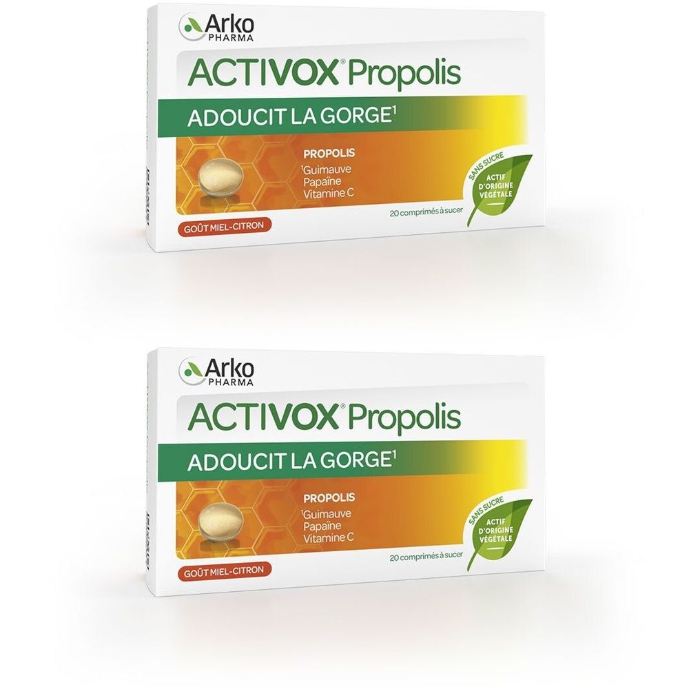 Zwei Packungen ACTIVOX Propolis. Weiße Schachteln mit grünen und gelben Akzenten. Aufschrift: ACTIVOX Propolis, ADOUCIT LA GORGE.