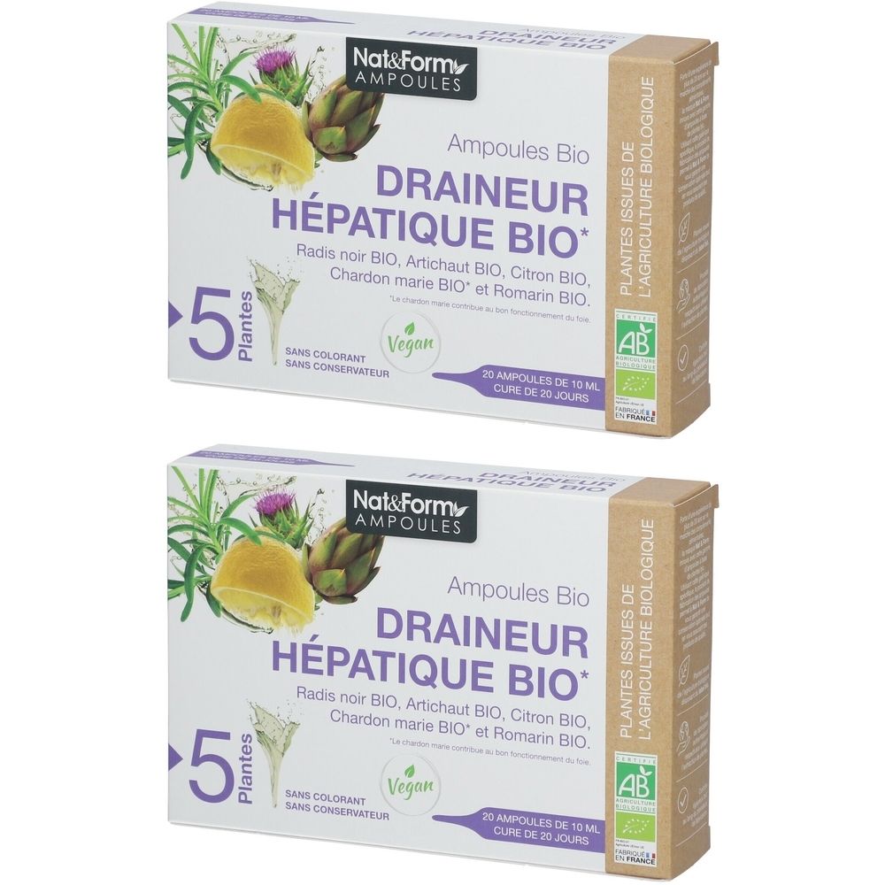 Zwei Kartons mit Nat & Form Ampoules Draineur hépatique BIO. Aufdrucke: 5 Pflanzen, Vegan, AB-Siegel, Ampullen.