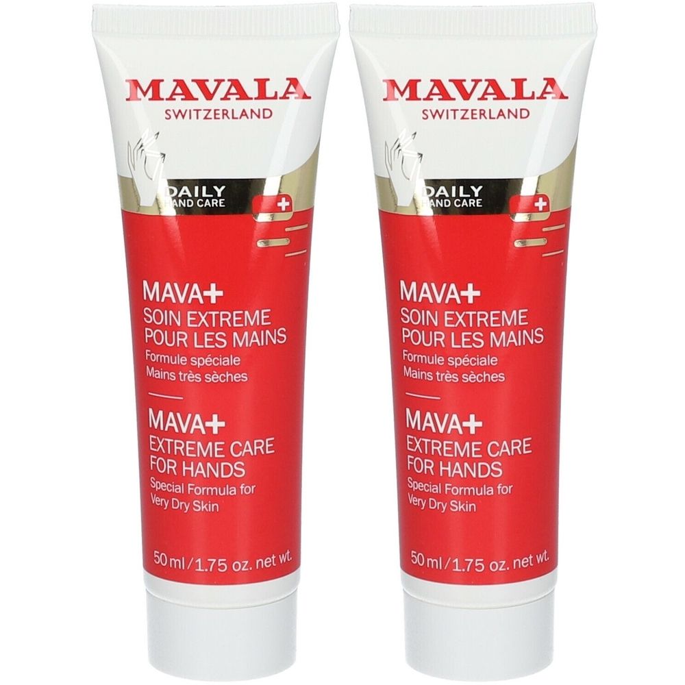 Deux tubes de crème pour les mains MAVALA MAVA+. Bouchon blanc, corps rouge avec texte blanc. Inscription : SOIN EXTREME POUR LES MAINS et EXTREME CARE FOR HANDS.