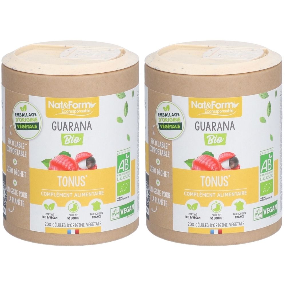 Deux boîtes cylindriques avec l'étiquette "Guarana Bio". Inscription "Tonus" et "200 Gélules d'origine végétale".